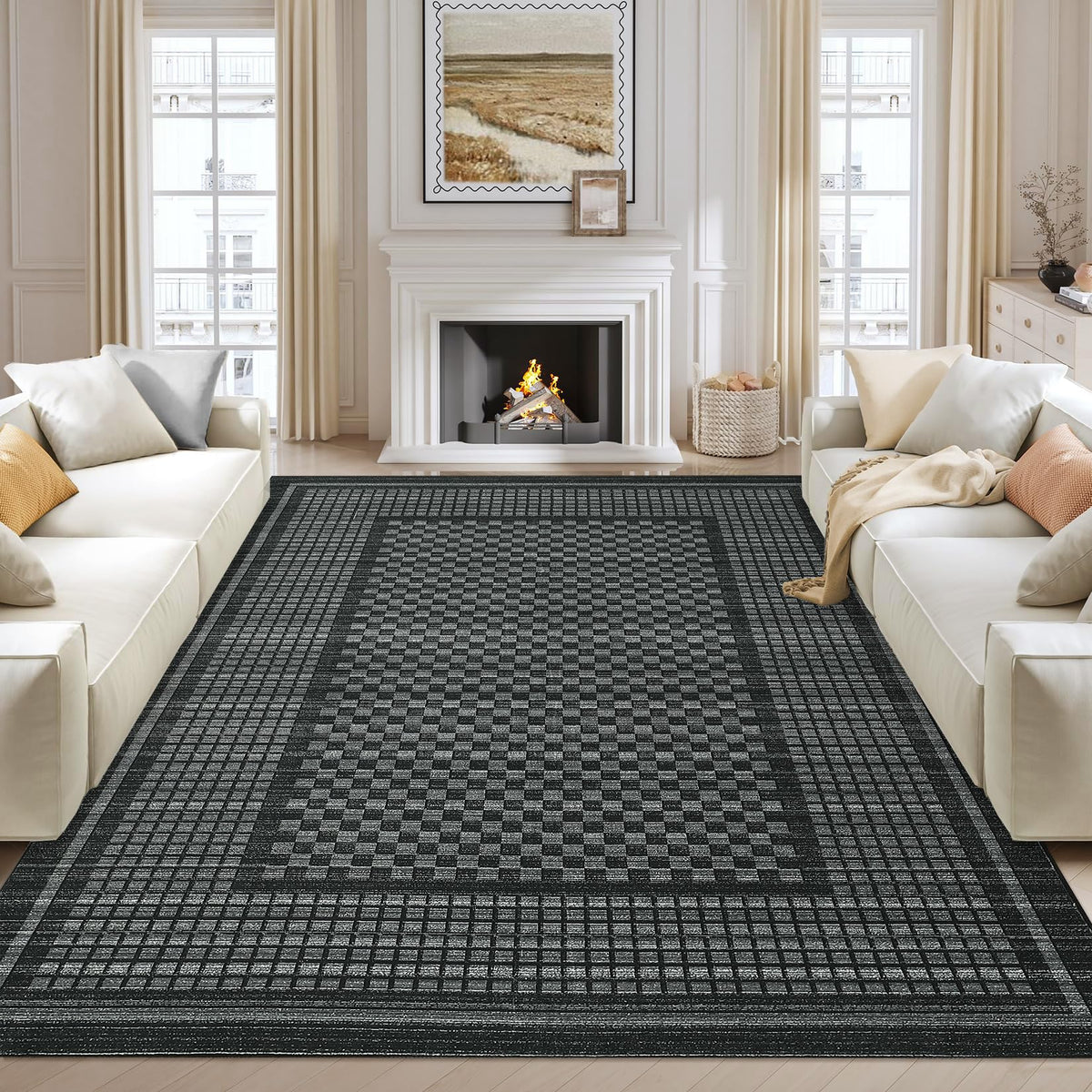 Modern Washable 8x10 Area Rug - Soft, Non-Slip, Stain Resistant, Farmhouse Tartan Plaid for Living Room, Bedroom, Nursery, Office - Beige