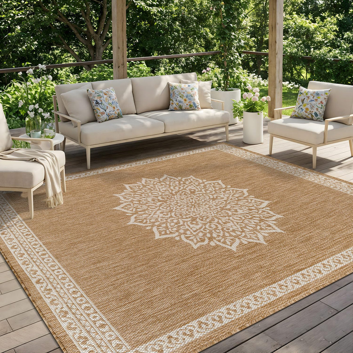 CAMILSON Outdoor Rug 6x9, Modern Outside Rugs for Patios Porches Waterproof Durable Washable Non-Shedding, Easy-to-Clean Indoor Outdoor Area Carpet (6 x 9, Bordered - Blue/White)
