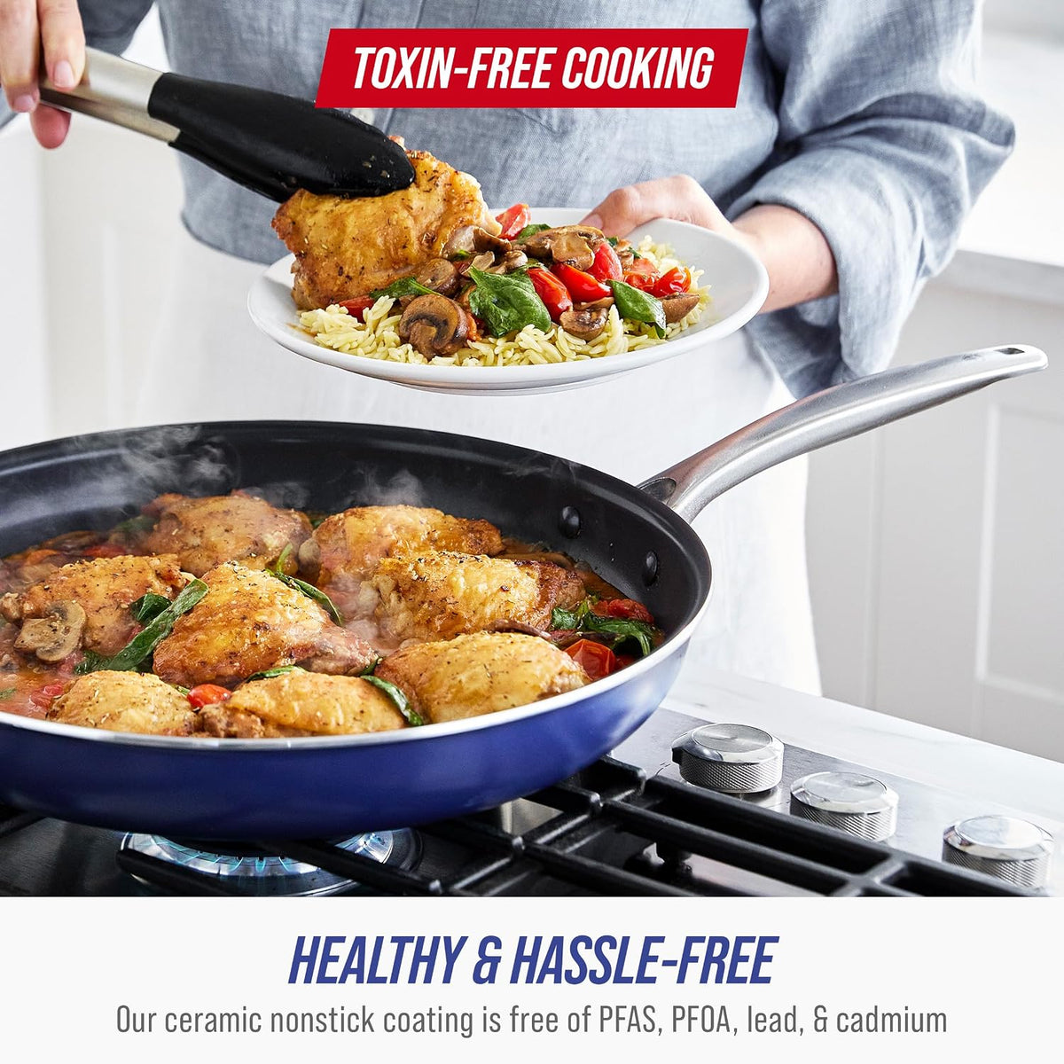 Blue Diamond 9 Piece Nonstick Cookware Set, Diamond Ceramic Pots & Pans, Dishwasher & Metal Utensil Safe, Non Toxic PFAS-Free, Kitchen Cooking Sauce & Saute Pans, Oven & Broiler to 600F, Blue
