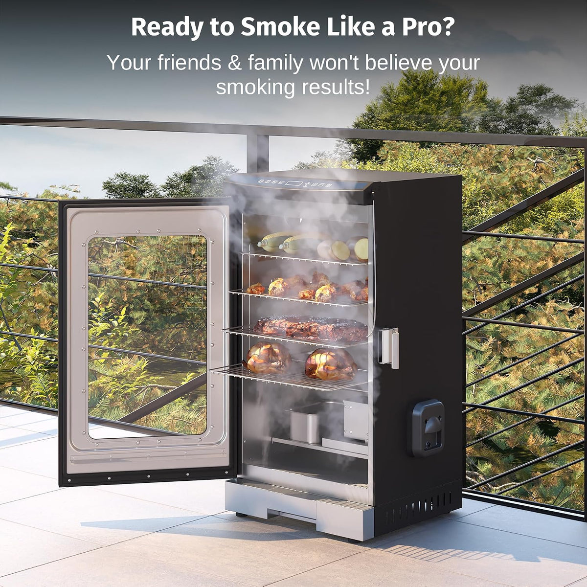 EAST OAK 30" Electric Smoker for Outdoors | Built-in Meat Probe & Clear Viewing Window | Side Chip Loader for 6x Longer Uninterrupted Smoking | 725 sq in Cooking Area for Bigger Batches, Mist Black