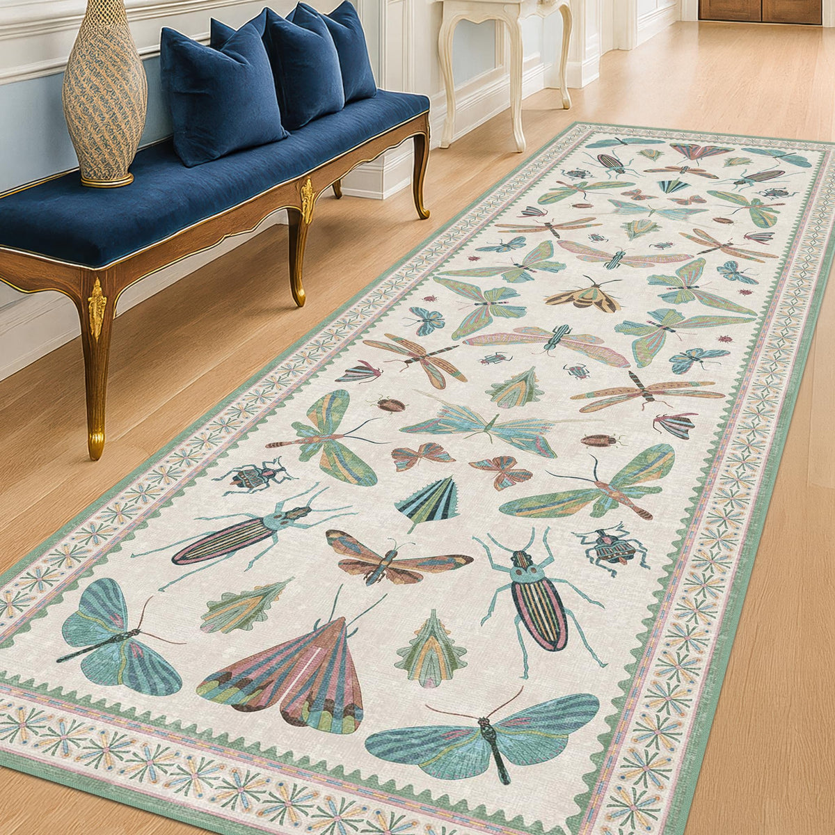 Hazo Haus Dark Green Insect Area Rugs 8x10 for Living Room, Dining Room Under Table, Bedroom, Unique Washable Floral Non Slip Low Pile Soft Rug