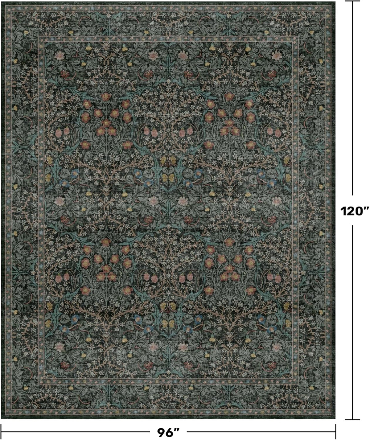 Floral Dark Green Washable Area Rugs 8x10, Vintage Living Room Rug