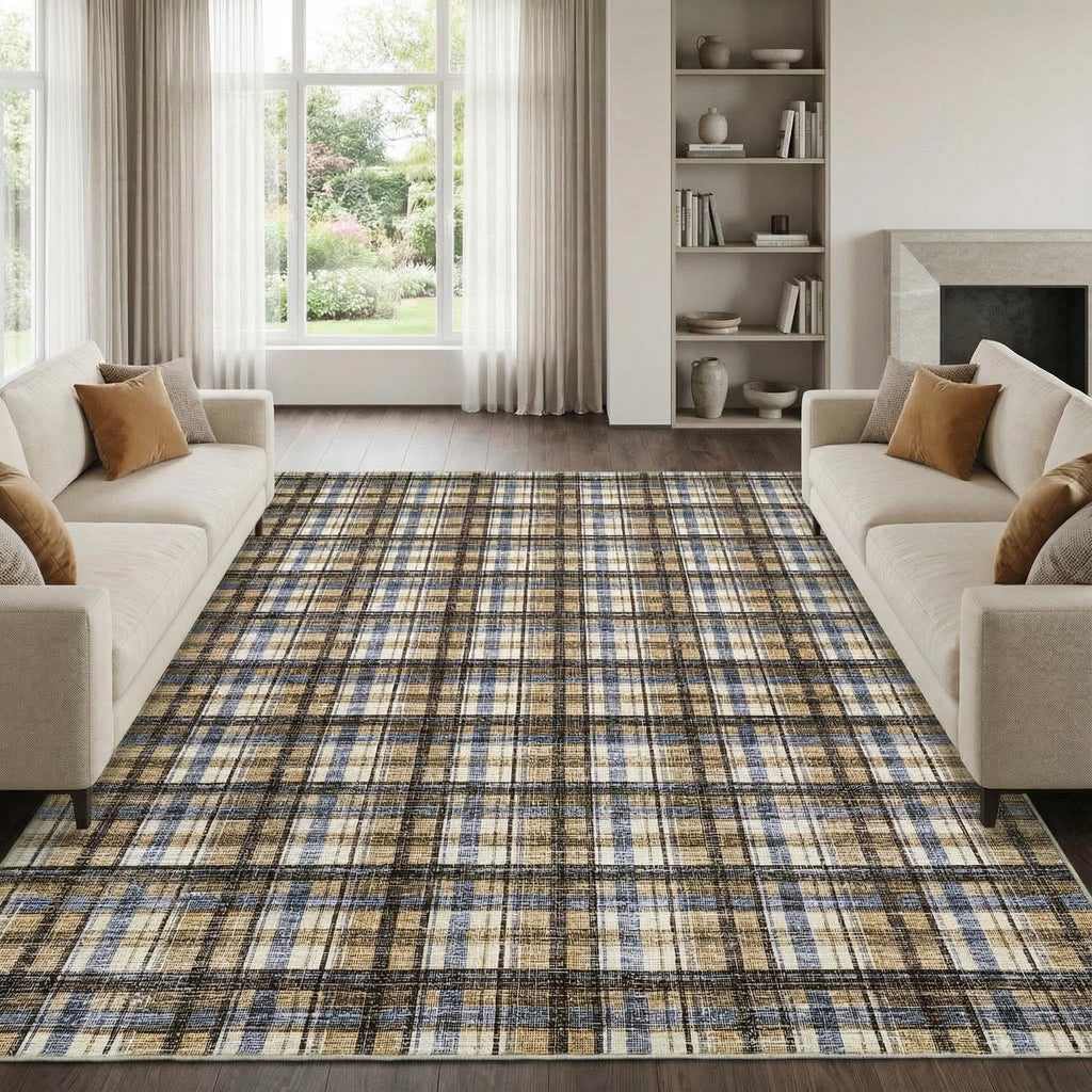Modern Washable 8x10 Area Rug - Soft, Non-Slip, Stain Resistant, Farmhouse Tartan Plaid for Living Room, Bedroom, Nursery, Office - Beige