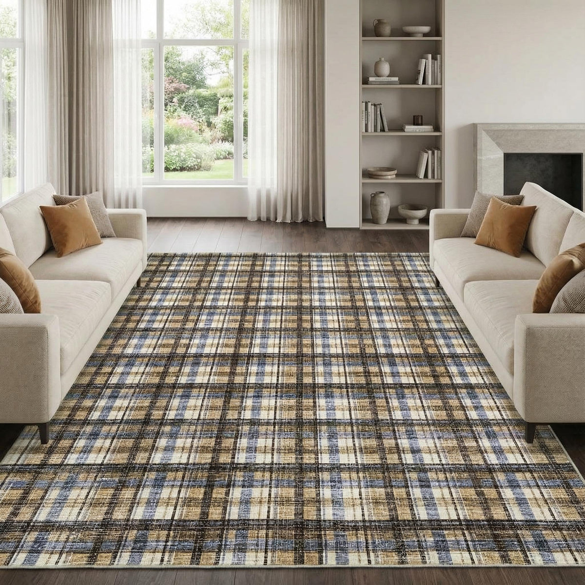 Modern Washable 8x10 Area Rug - Soft, Non-Slip, Stain Resistant, Farmhouse Tartan Plaid for Living Room, Bedroom, Nursery, Office - Beige