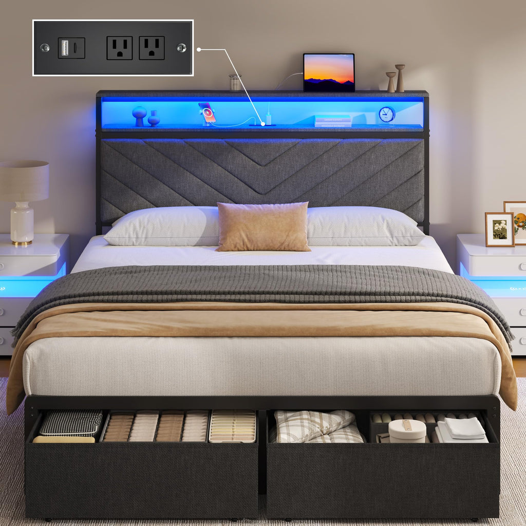 Fluest Queen Bed Frame with 2 Drawers, Upholstered Headboard with Storage and Charging Station, LED Lights, Fabric Drawers with Wheels, Under Bed Storage, No Box Spring Needed, Easy Assembly, Grey