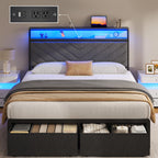 Fluest Queen Bed Frame with 2 Drawers, Upholstered Headboard with Storage and Charging Station, LED Lights, Fabric Drawers with Wheels, Under Bed Storage, No Box Spring Needed, Easy Assembly, Grey