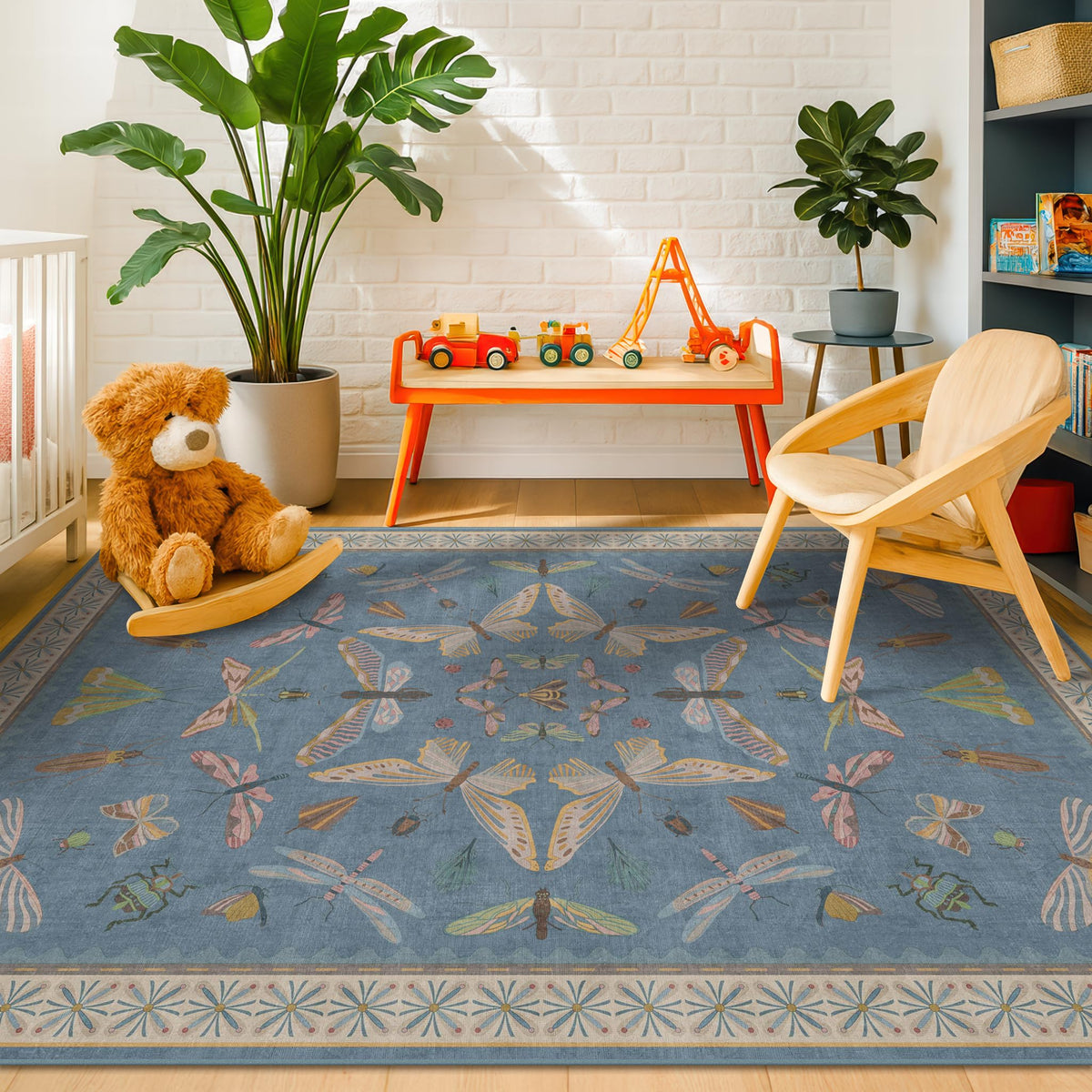 Hazo Haus Dark Green Insect Area Rugs 8x10 for Living Room, Dining Room Under Table, Bedroom, Unique Washable Floral Non Slip Low Pile Soft Rug