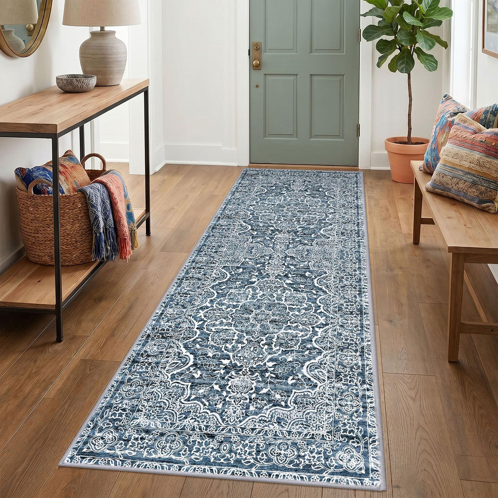 KUTA Vintage Extra Long Runners for Hallways 2.6x18ft Washable Blue White