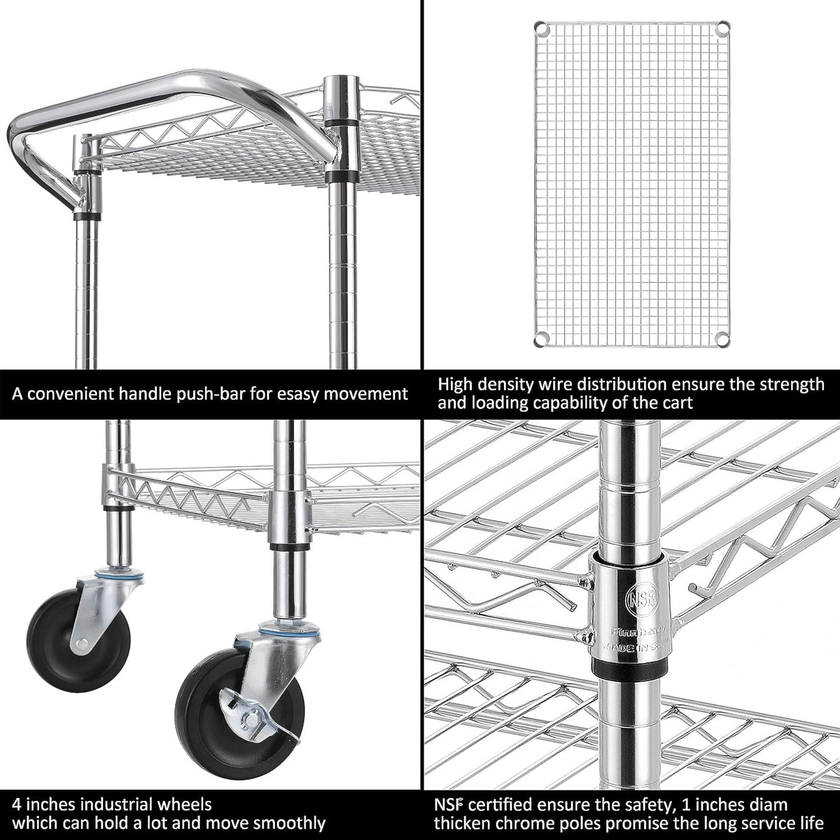 Finnhomy 3 Tier Heavy Duty Commercial Grade Utility Cart, Wire Rolling Cart with Handle Bar, Steel Service Cart with Wheels, Utility Shelf Plant Display Shelf Food Storage Trolley, NSF Listed