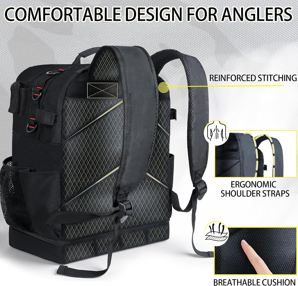 Fishing Tackle Backpack with Cooler,45L Large Tackle Bag with 2 Rod Holders & Clear Window,Outdoor Fishing Backpack for Fishing,Camping,Hiking,Black