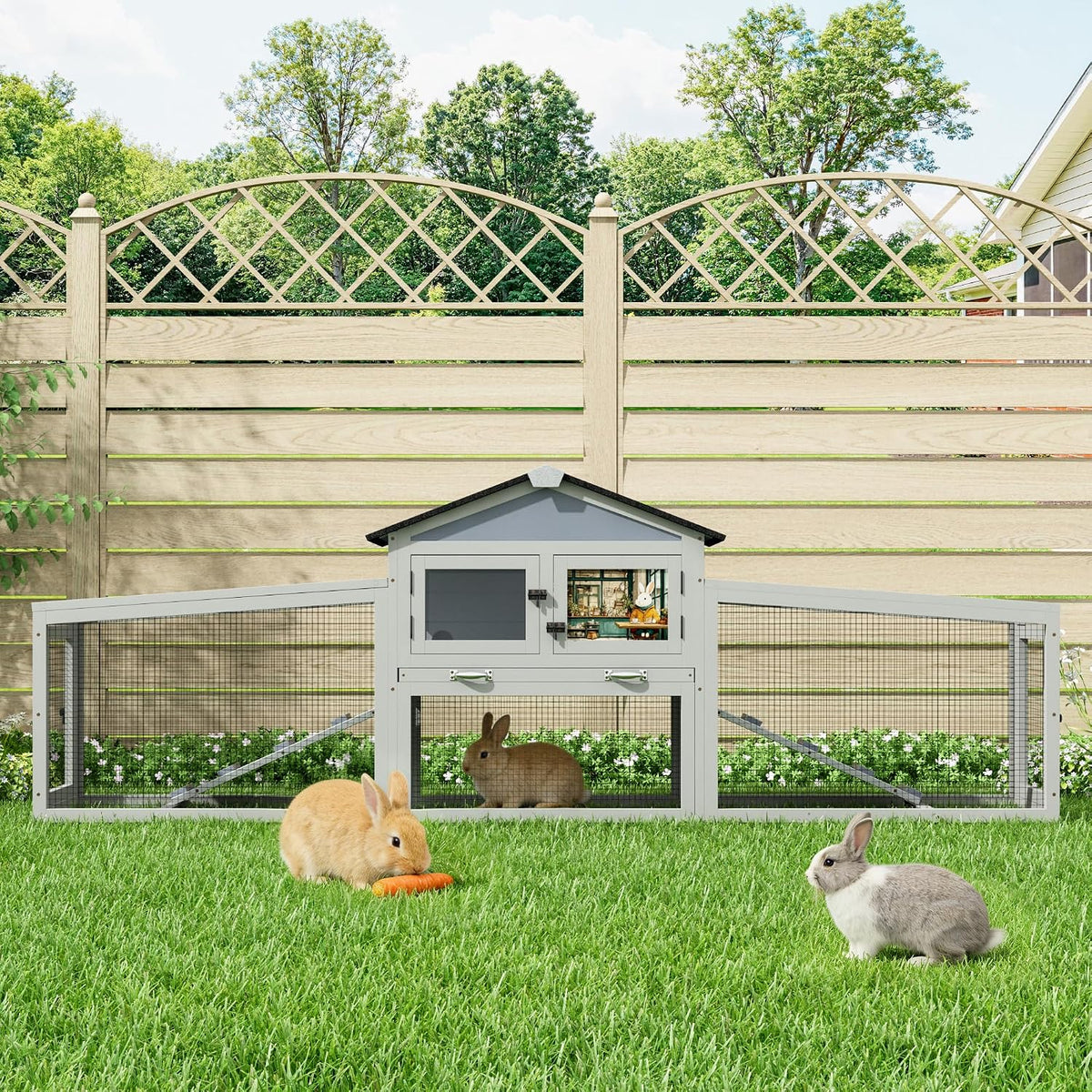 COZIWOW 92in Rabbit Hutch, 2-Tier Bunny Cage with Asphalt Roof & 3 Run Boxe