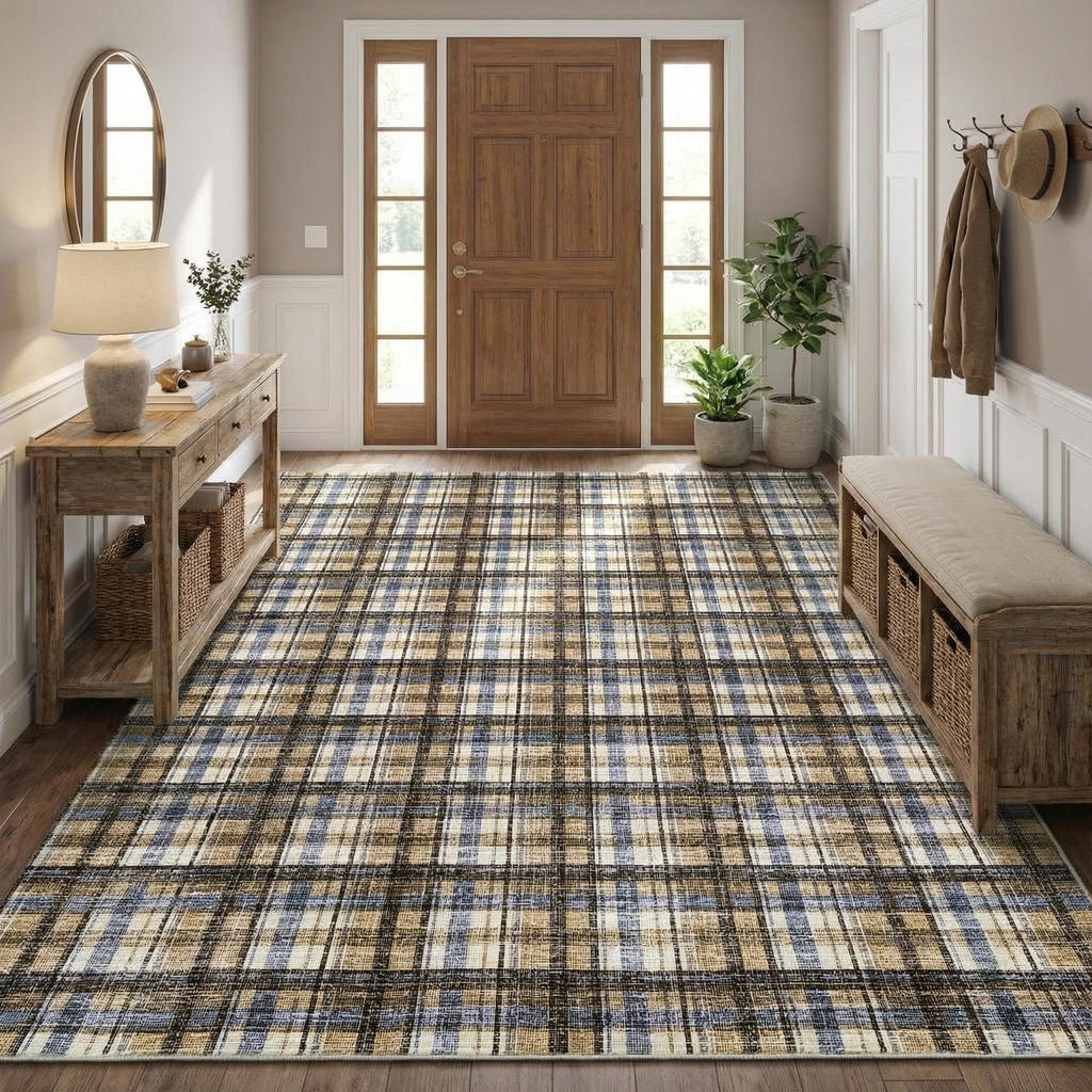 Modern Washable 8x10 Area Rug - Soft, Non-Slip, Stain Resistant, Farmhouse Tartan Plaid for Living Room, Bedroom, Nursery, Office - Beige