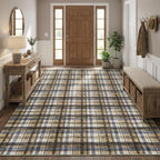 Modern Washable 8x10 Area Rug - Soft, Non-Slip, Stain Resistant, Farmhouse Tartan Plaid for Living Room, Bedroom, Nursery, Office - Beige