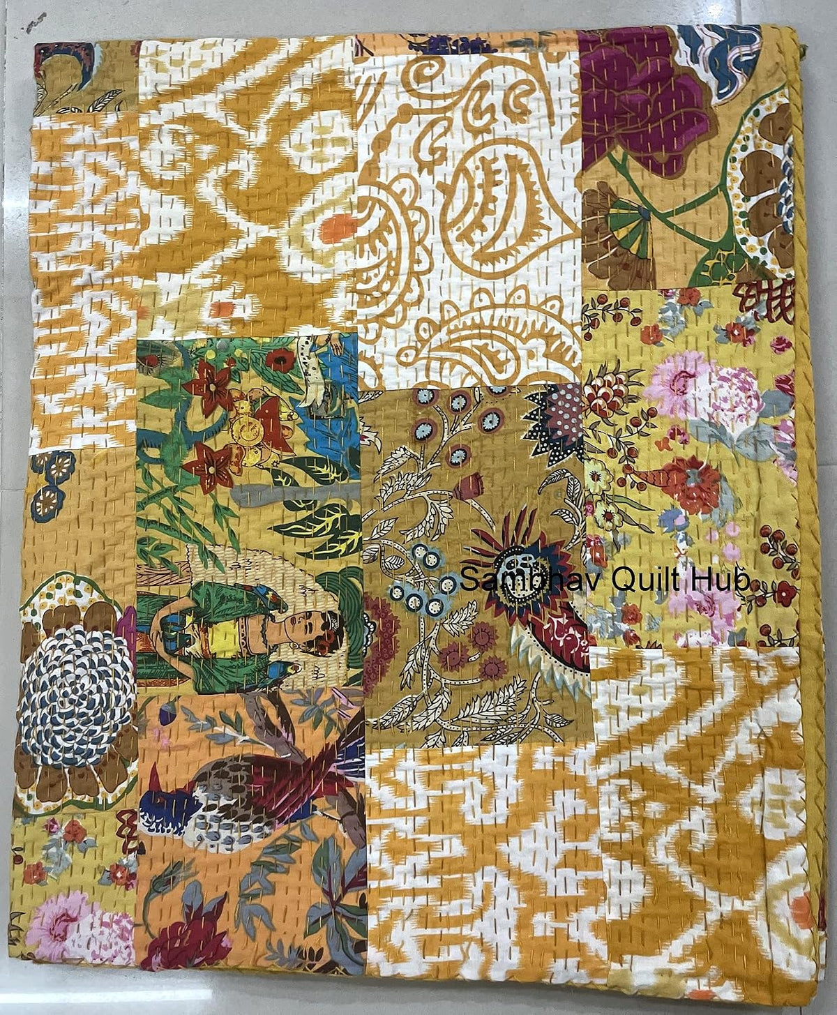 Traditional Handblock Print Multi Floral Assorted Cotton Patchwork Kantha Quilt Home Decorative Handmade Patch Quilted King Size Bohemian Bedding Throw Blanket Vintage Quilt (Yellow, 108X108 inches)