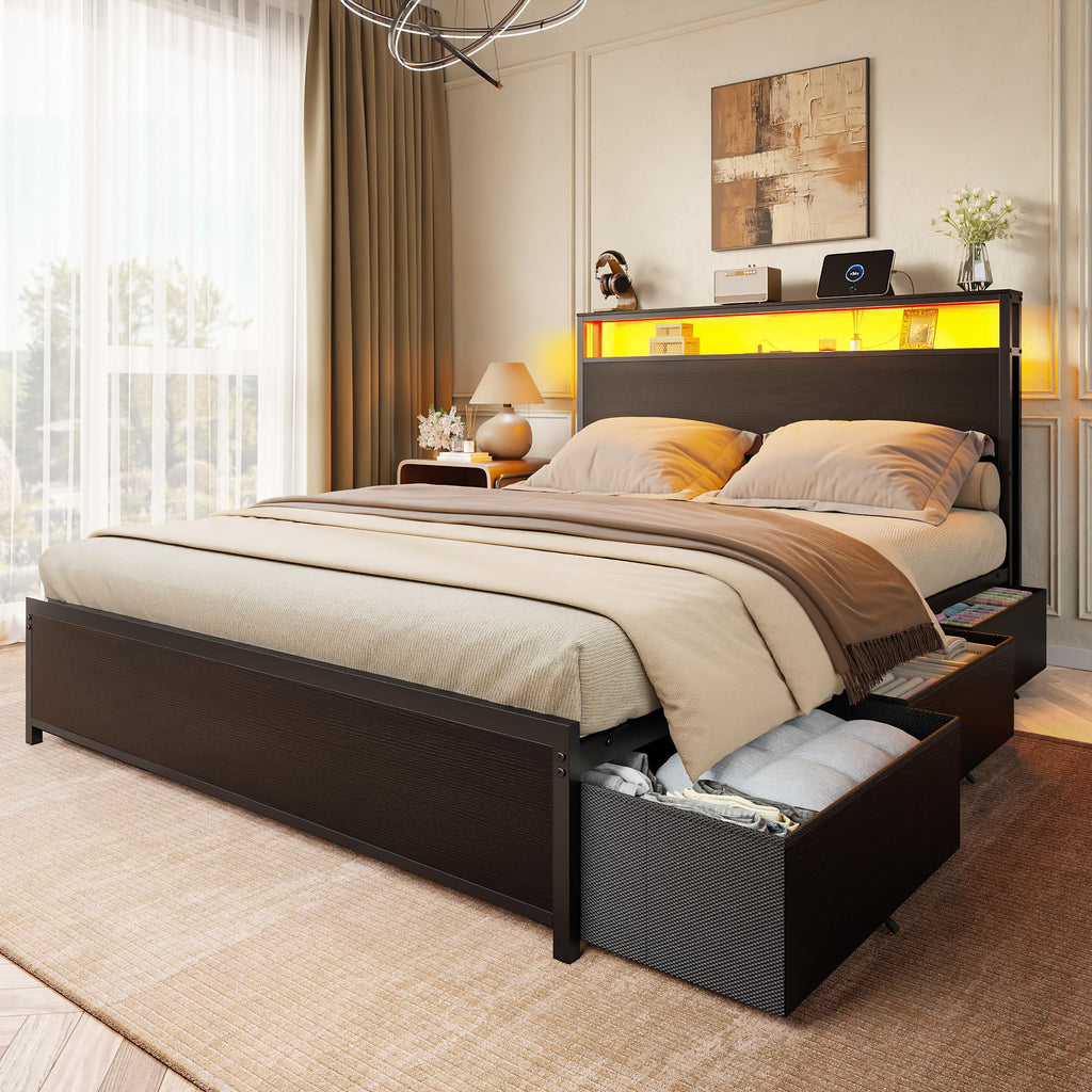 Forestell King Size Bed Frame with 2-Tier Storage Headboard & 6 Drawers