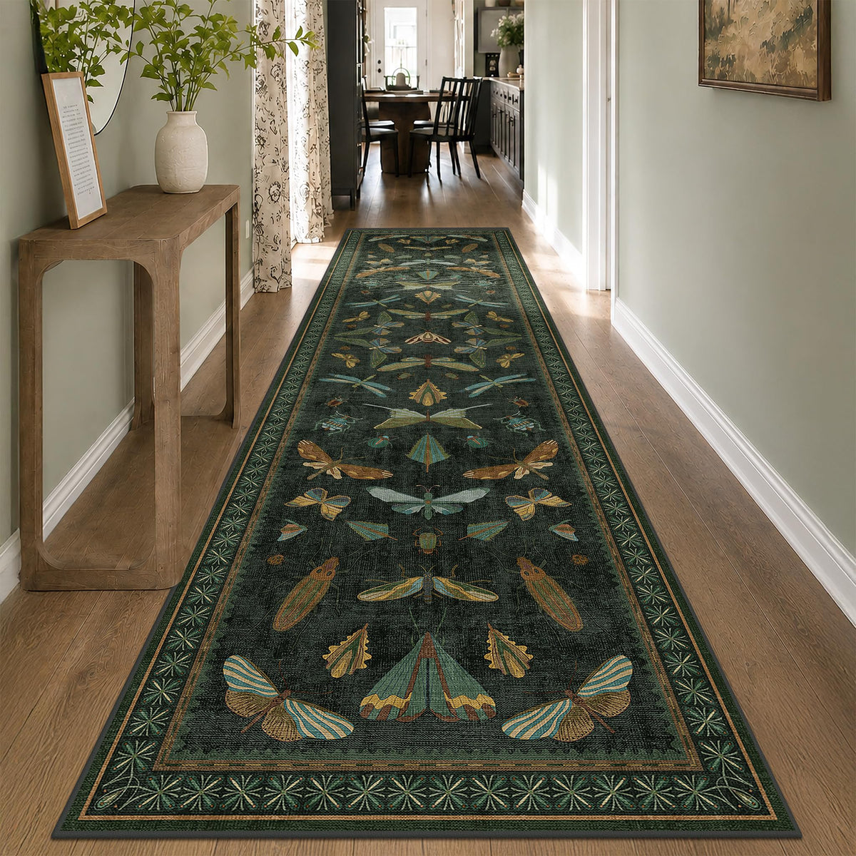 Hazo Haus Dark Green Insect Area Rugs 8x10 for Living Room, Dining Room Under Table, Bedroom, Unique Washable Floral Non Slip Low Pile Soft Rug