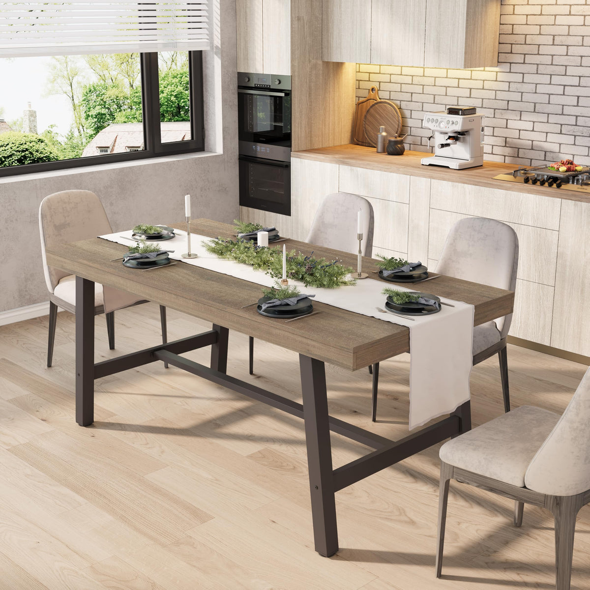 GarveeHome Industrial Dining Table for 6-8 People, 70.87" Long Large Kitchen Table with Sturdy Metal Frame, Rectangular Counter for Dinner, Kitchen, Dining Room (Grey, 71" Non-extendable)