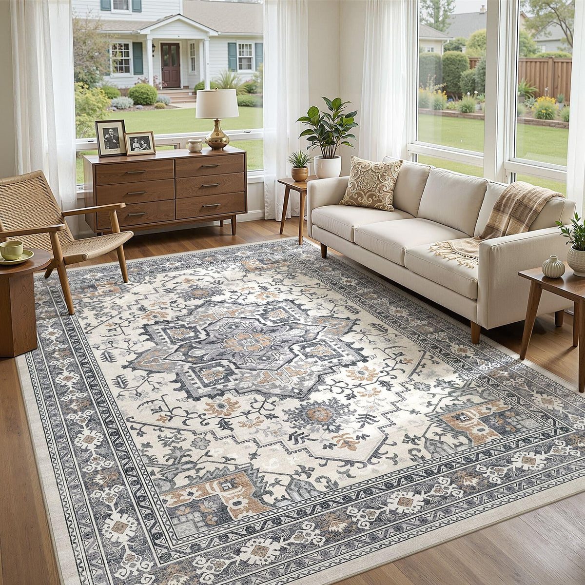 UERMEI 9x12 Area Rug Living Room Rugs - Washable Neutral Modern Abstract Soft Thin Large Rug Indoor Floor No Slip Rug Carpet for Bedroom Under Dining Table Home Office Decor - Brown Grey