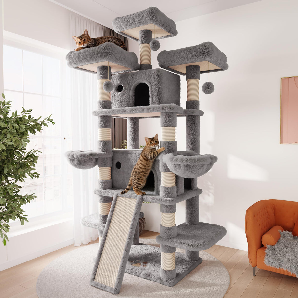 SHA CERLIN 68 Inches Multi-Level Large Cat Tree for Large Kitties/Big Cat Tower with Condo/Cozy Plush ‌Pussycat Perches/Sisal Scratching Posts and Hammocks/Activity Center/Leopard Print