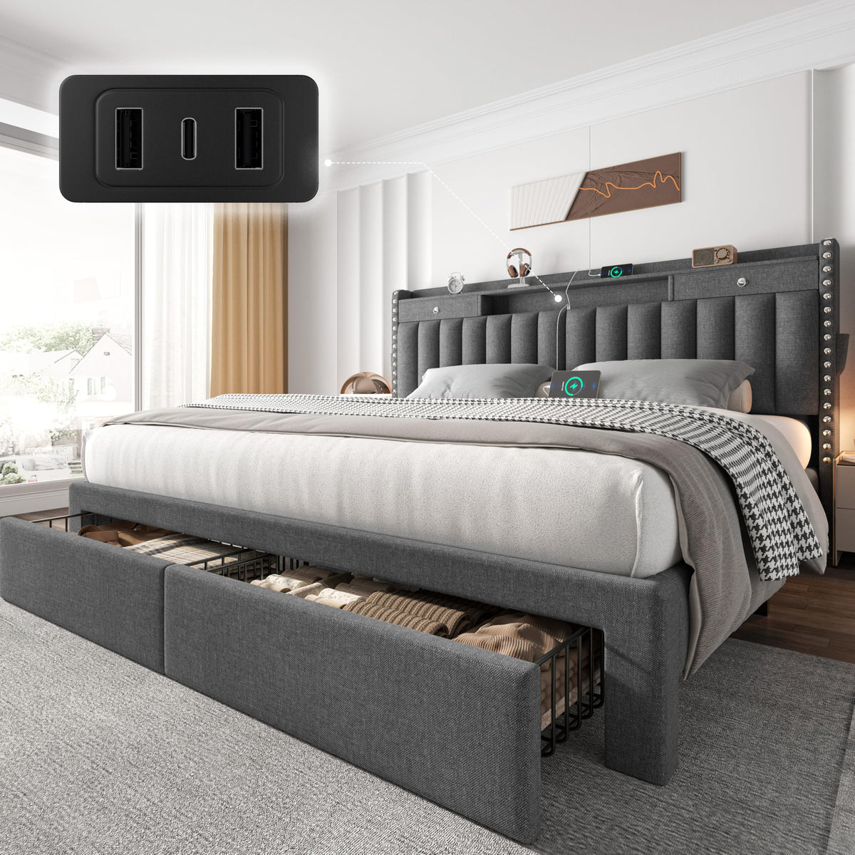 CypBed King Size Bed Frame with Headboard & 4-Storage Drawers, Upholstered
