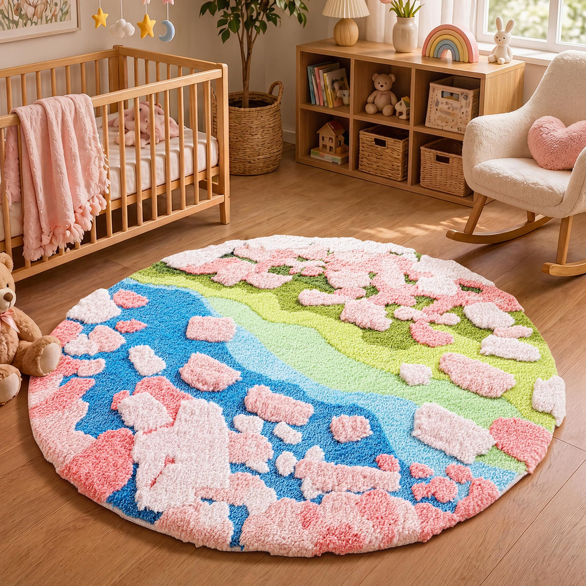 YIHOUSE 4ft Moss Round Area Rug 3D Cute Green Grass Rugs for Bedroom Machine Washable Non-Slip Boho Circle Rug Soft Fluffy Carpet for Living Room Bathroom Nursery Room, Pond