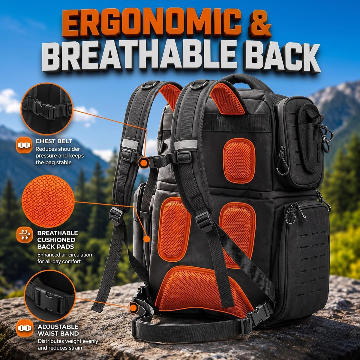 Hiking & Fishing Backpack with Cooler Compartment - Detachable Waist Bag - Water-Resistant Zipper - Fits 8 Tackle Boxes & Charging Port - Rod Holder & 40L Capacity - Gear Organizer Backpack Cooler