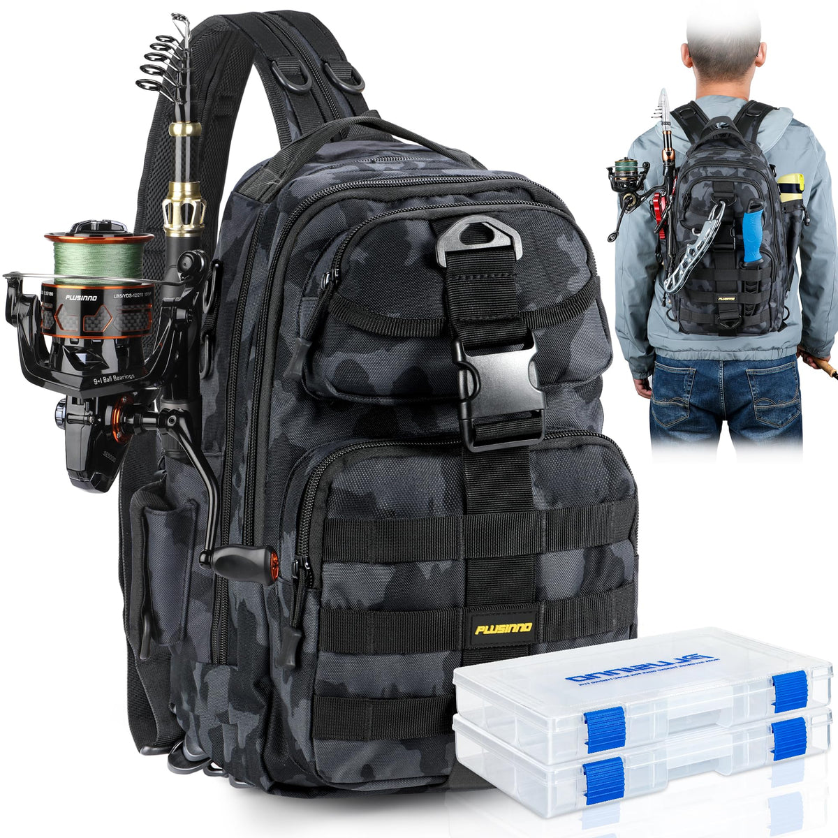 PLUSINNO Fishing Backpack with Rod & Reel Combos, Fishing Gear Kit