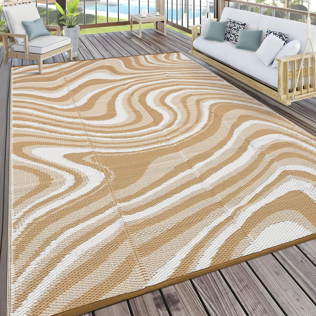 Garvee 5x8 Outdoor Rug Waterproof Modern Plastic Straw Rugs, Black Grey