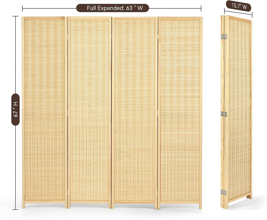 4 Panel Bamboo Room Divider, Folding Privacy Screen, Natural