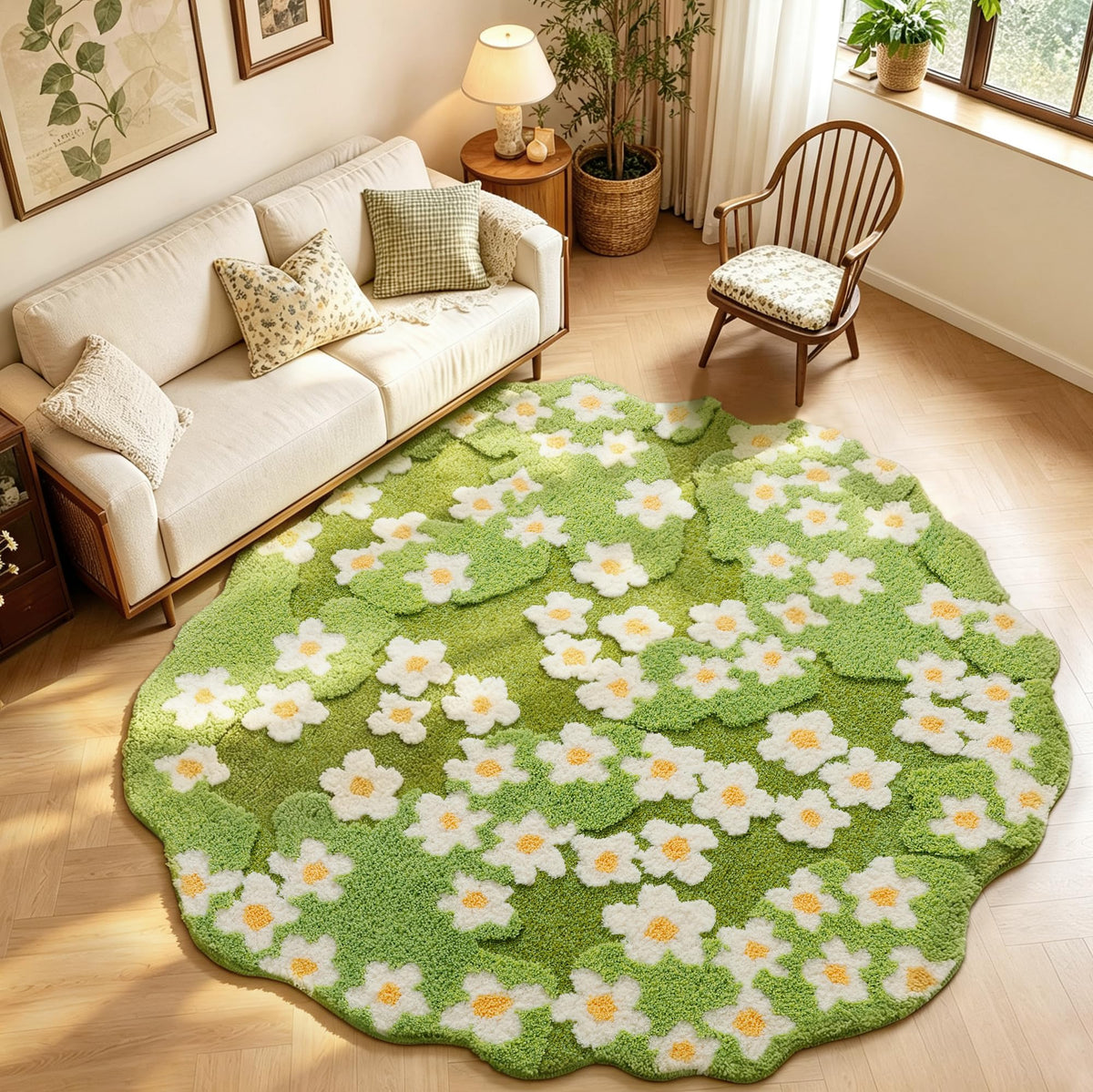 YIHOUSE 4ft Moss Round Area Rug 3D Cute Green Grass Rugs for Bedroom Machine Washable Non-Slip Boho Circle Rug Soft Fluffy Carpet for Living Room Bathroom Nursery Room, Pond