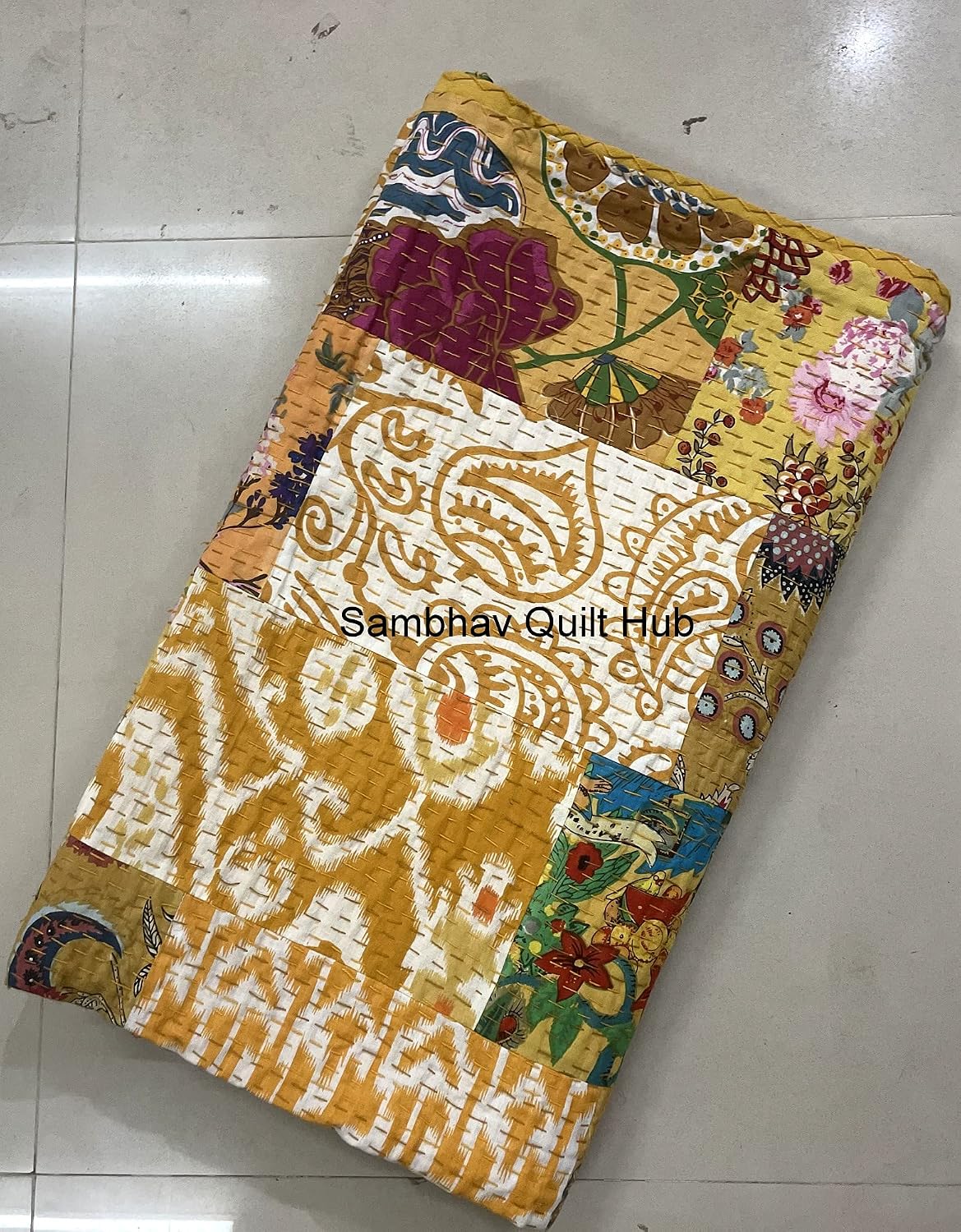 Traditional Handblock Print Multi Floral Assorted Cotton Patchwork Kantha Quilt Home Decorative Handmade Patch Quilted King Size Bohemian Bedding Throw Blanket Vintage Quilt (Yellow, 108X108 inches)
