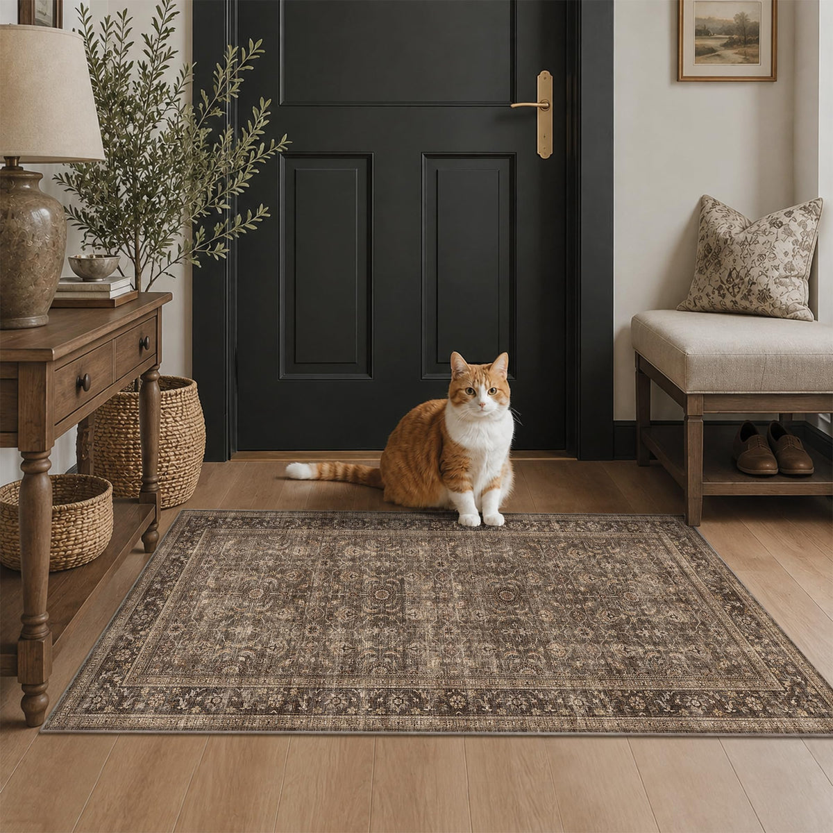 JOOJA 8x10 Dark Brown Vintage Soft Low Pile Non Slip Boho Washable Area Rug