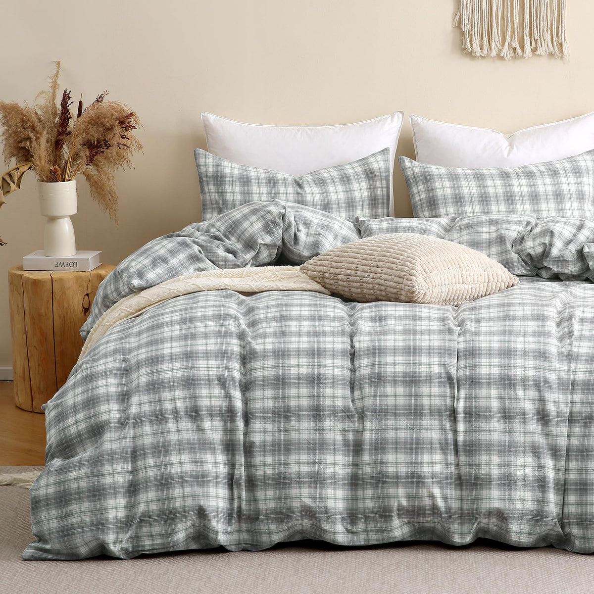 TOCOMOA Tan Gingham Duvet Cover Set Washed Cotton Like Linen, Cal King