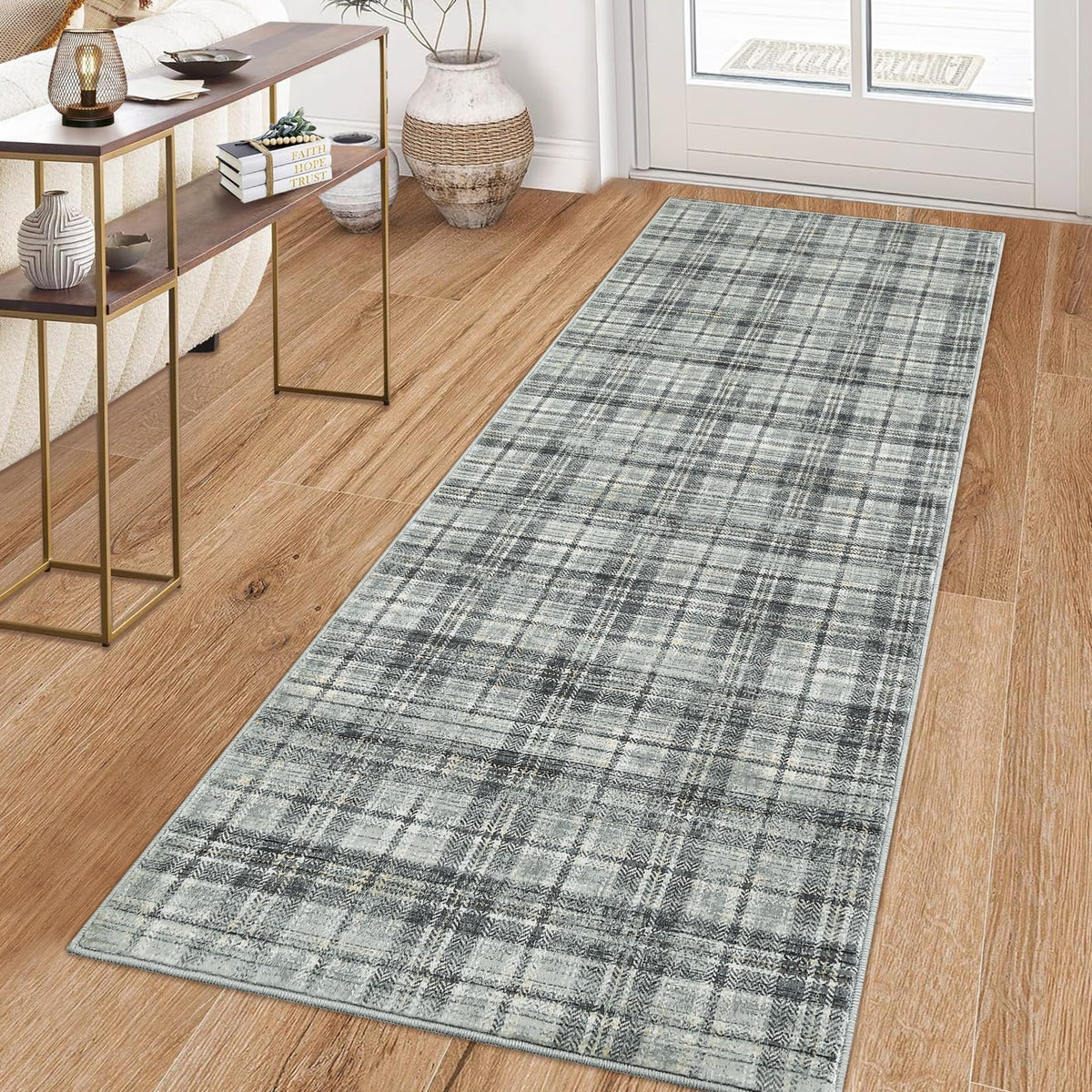 Modern Washable 8x10 Area Rug - Soft, Non-Slip, Stain Resistant, Farmhouse Tartan Plaid for Living Room, Bedroom, Nursery, Office - Beige