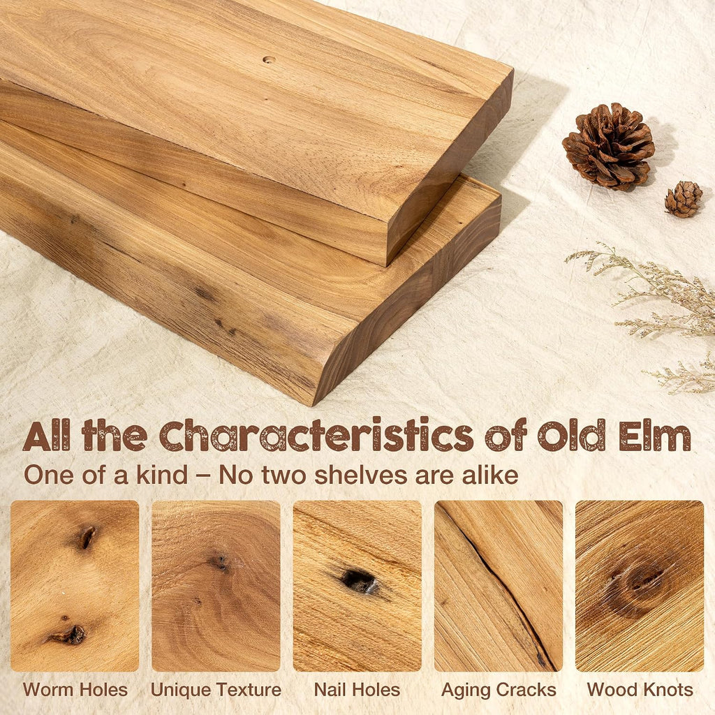 fuqing Live Edge Floating Shelves for Wall, 20 Inch Solid Elm Wood Shelves