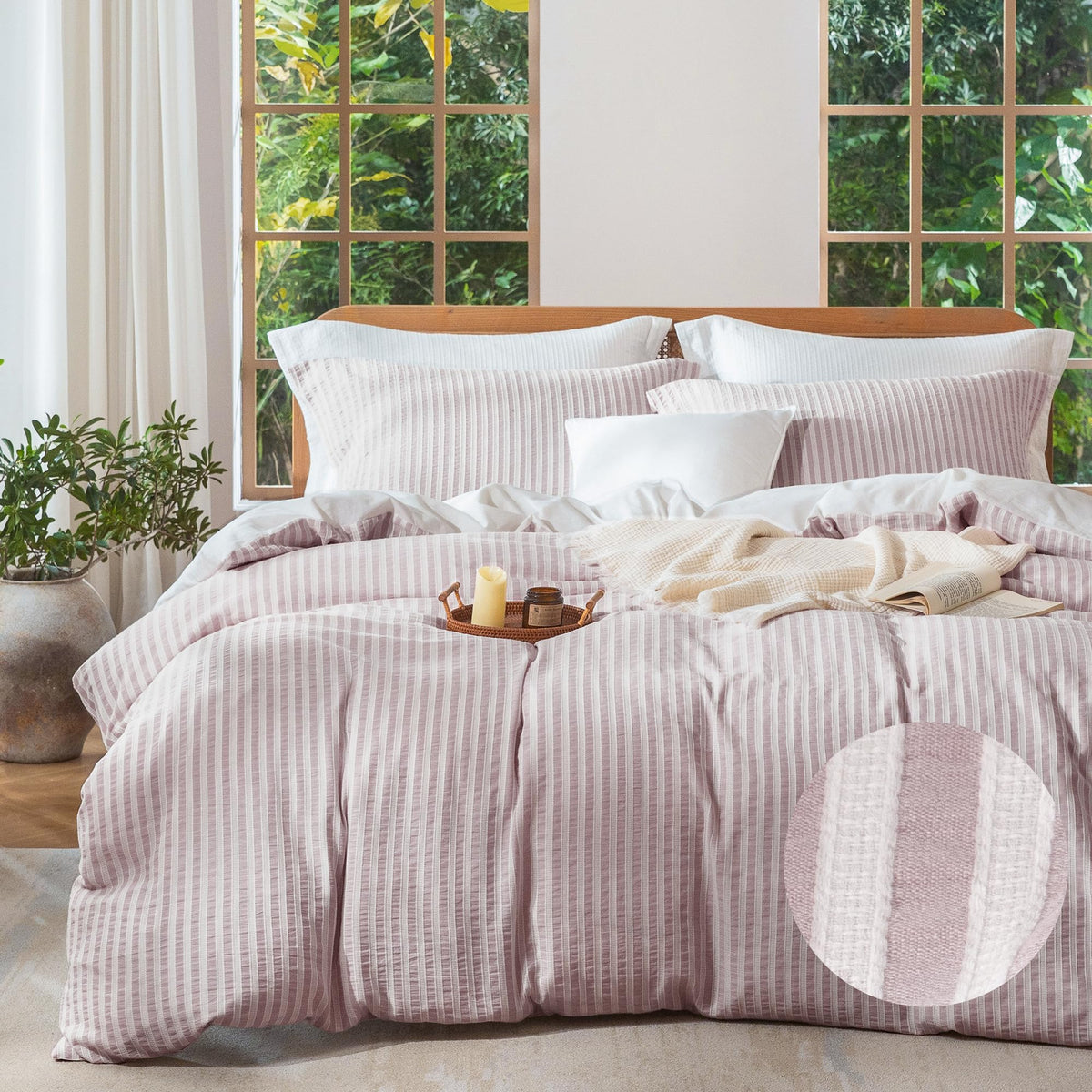 MILDLY Jacquard Striped Duvet Cover Set 3pcs Dual Zipper Pink Queen