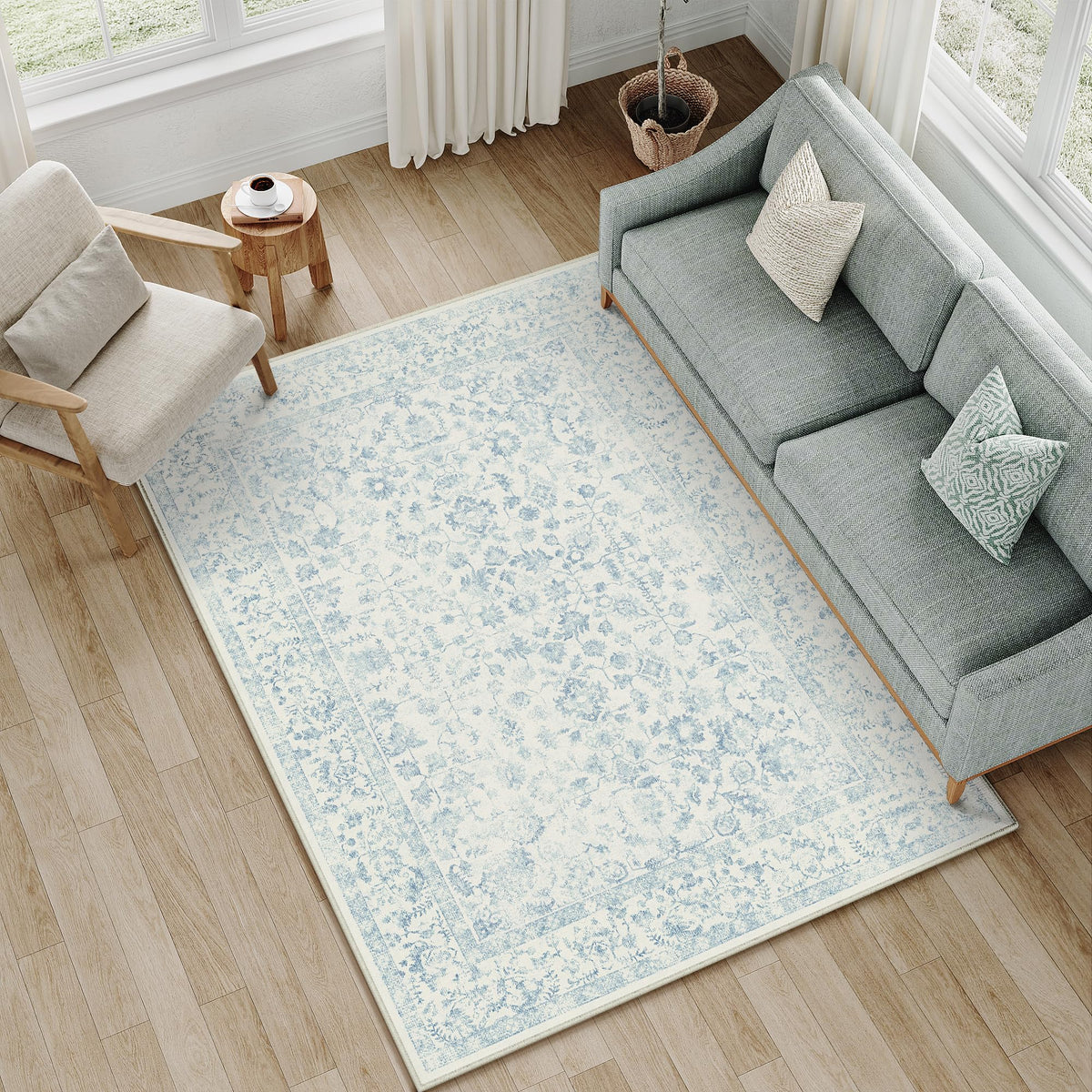 PureCozy Blue 6x6 Round Area Rug Vintage Washable Carpet Non Slip