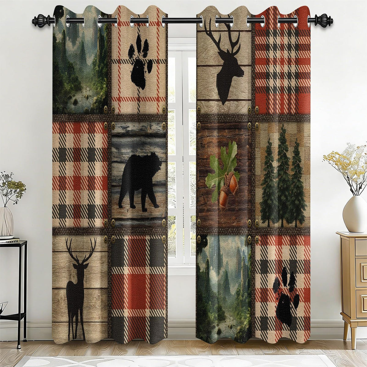 Rustic Woodland Blackout Curtains 108 Inch Long 2 Panels, Buffalo Plaid Patchwork Wildlife Bear Deer Silhouette Pine Grommet Drapes, Thermal Insulated Window Treatments for Living Room