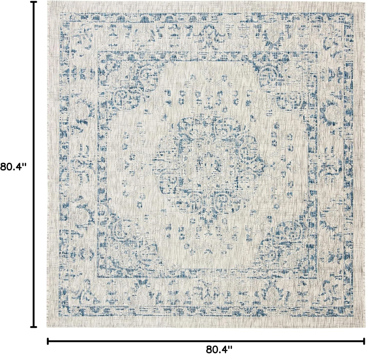 SAFAVIEH Washable Rug Outdoor Courtyard Collection - 6'7" Square, Grey & Navy, Non-Shedding & Easy Cleaning, Ideal for Patio, Backyard, Mudroom (CY8679-368)