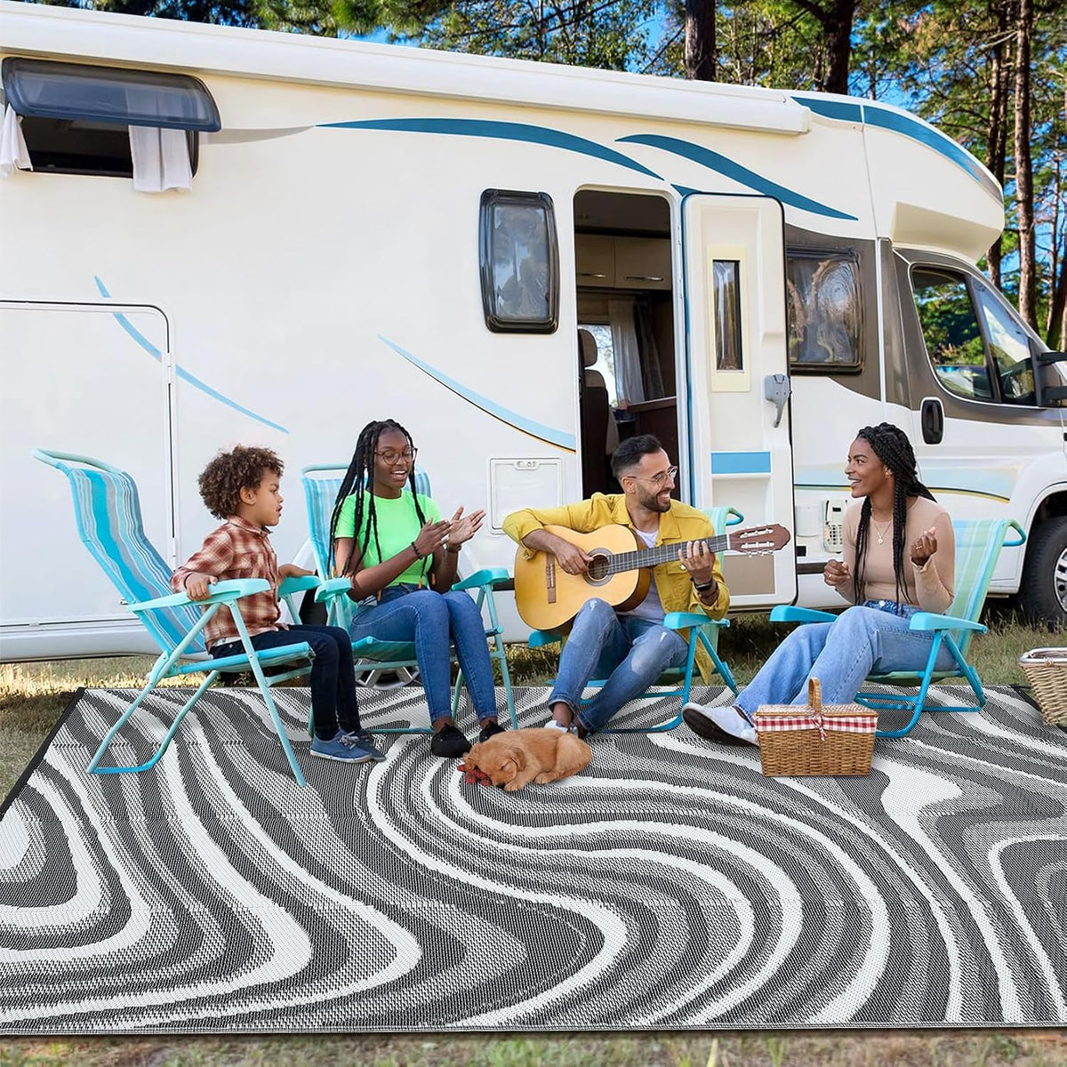 Garvee 5x8 Outdoor Rug Waterproof Modern Plastic Straw Rugs, Black Grey