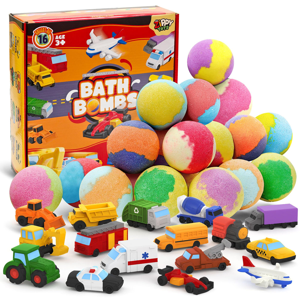 Zippytots Kids Bath Bombs with Food Toys Inside, 16 Pack Colorful Surprise Bath Fizzies Set, Organic Fizzy Bubble Bath Bombs for Girls & Boys, Ages 3+