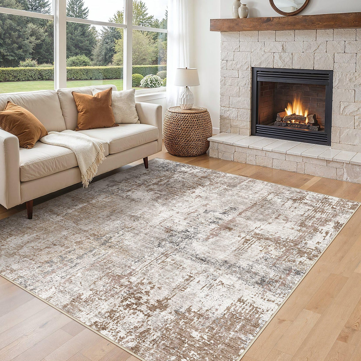 UERMEI 9x12 Area Rug Living Room Rugs - Washable Neutral Modern Abstract Soft Thin Large Rug Indoor Floor No Slip Rug Carpet for Bedroom Under Dining Table Home Office Decor - Brown Grey