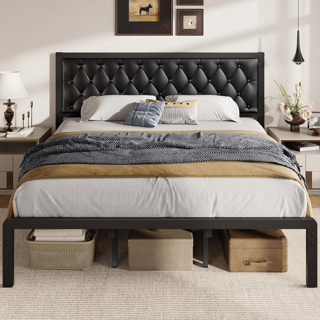 Fluest Queen Bed Frame with Headboard PU Leather Upholstered Bed Frame Platform,All Metal Slats Support Platform Bed Frame with Storage Space,Easy Assembly,Noise Free,No Box Spring Needed,Black