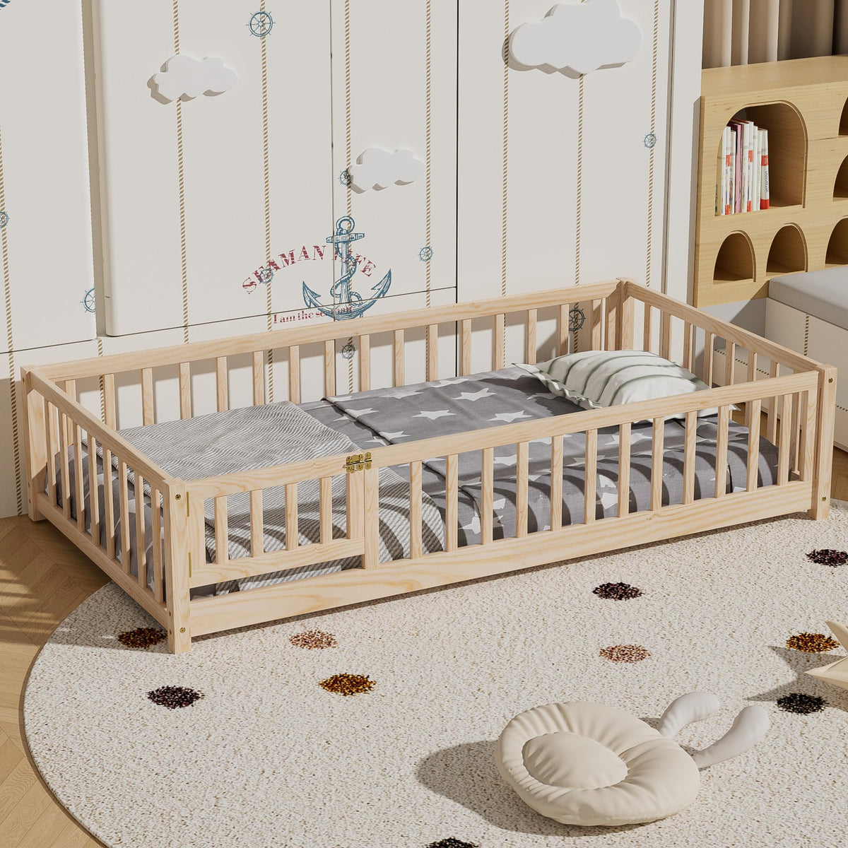 i-POOK Full Size Floor Bed for Children, Solid Wood Montessori Bed Frame with Fence & Door Montessori Floor Bed with Safety Guardrails for Girls and Boys, White (with Bed Slats)