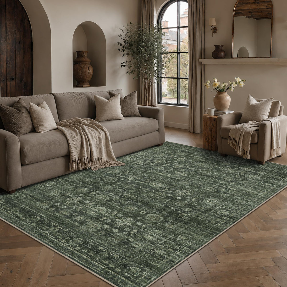 JOOJA 8x10 Dark Brown Vintage Soft Low Pile Non Slip Boho Washable Area Rug