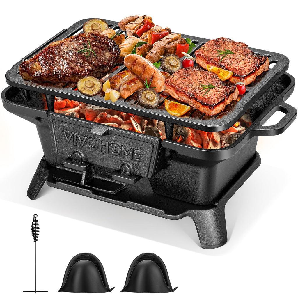 VIVOHOME Oval Cast Iron Grill with Interchangeable Grates & Griddle