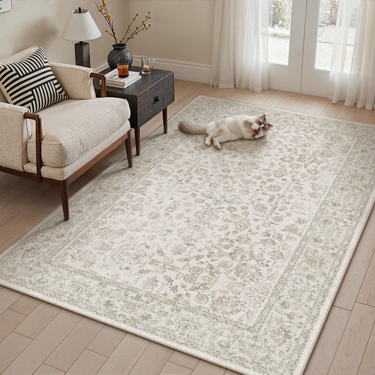 PureCozy Blue 6x6 Round Area Rug Vintage Washable Carpet Non Slip