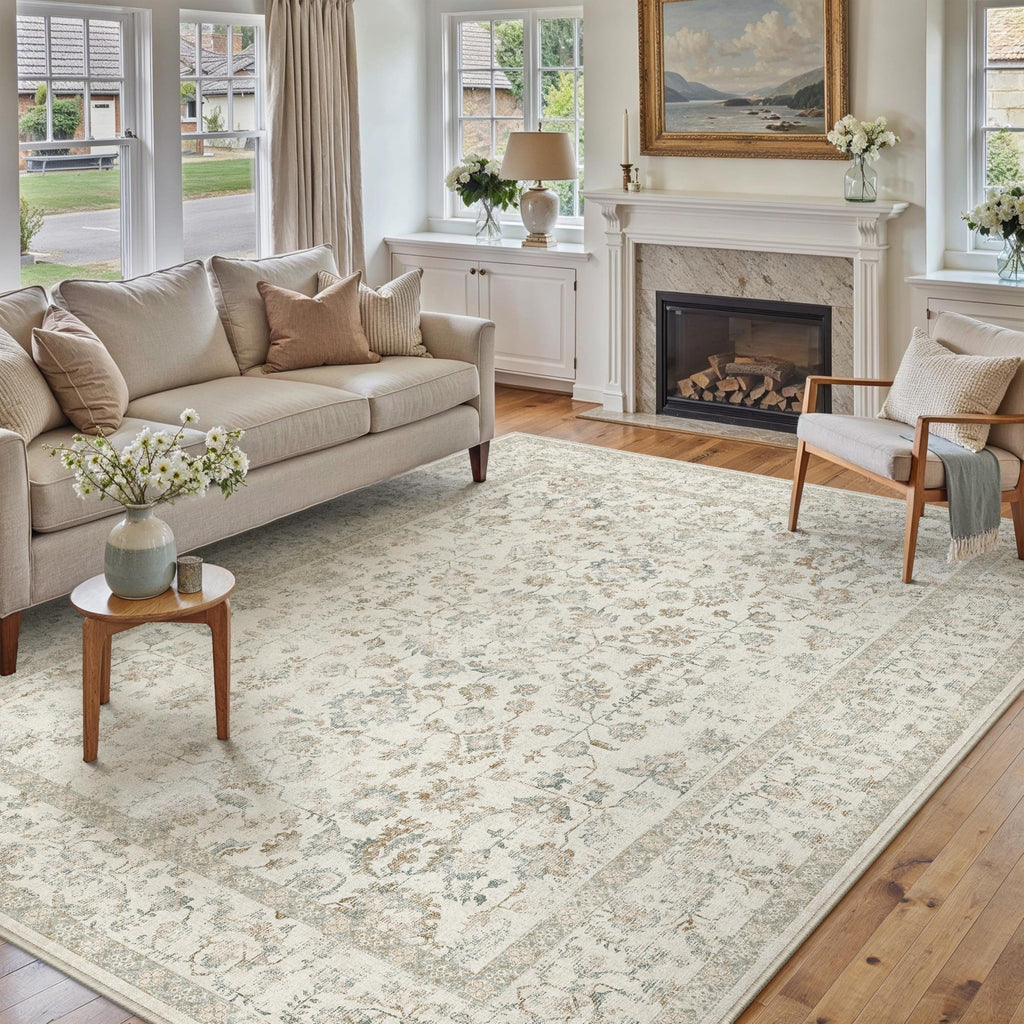 PureCozy Blue 6x6 Round Area Rug Vintage Washable Carpet Non Slip
