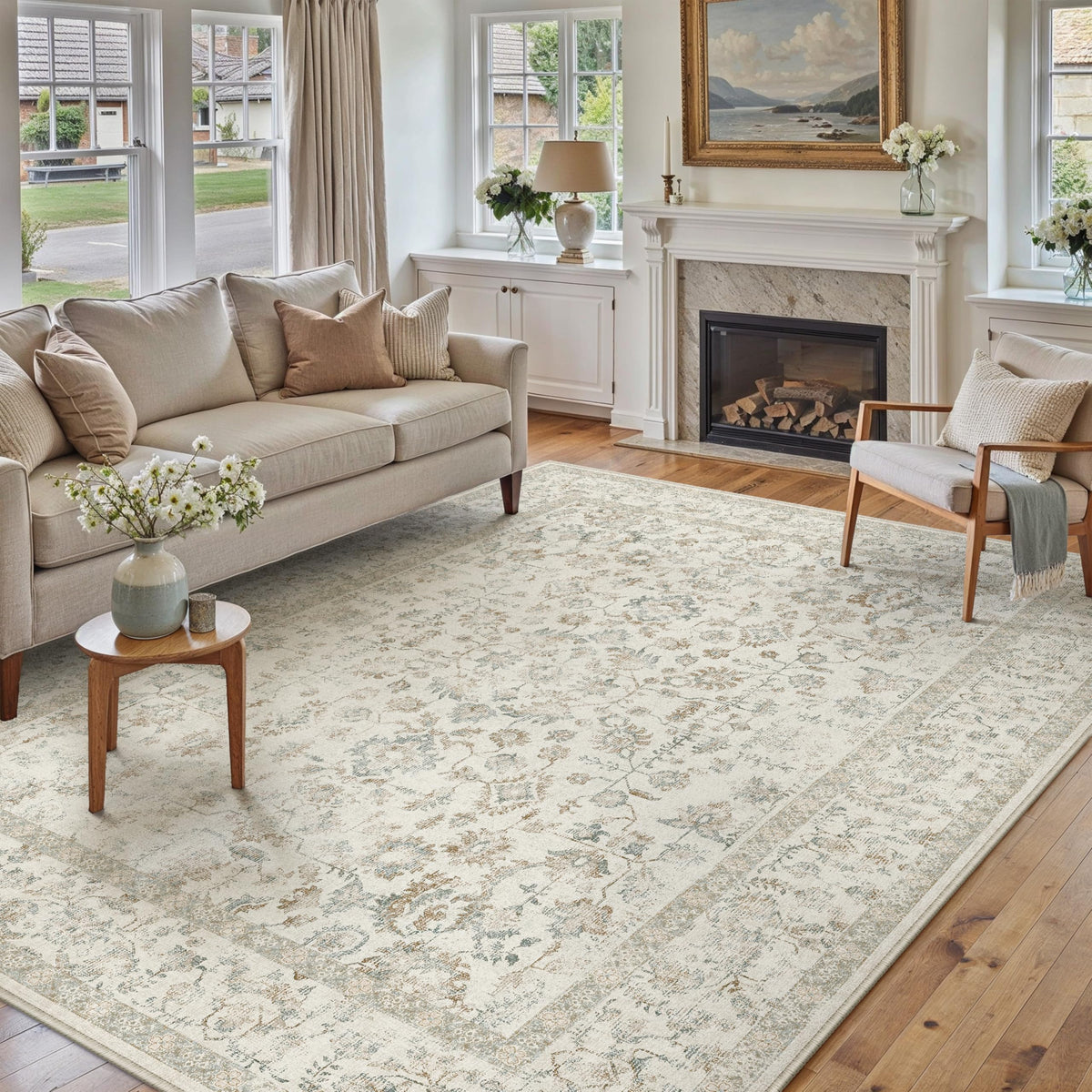 PureCozy Blue 6x6 Round Area Rug Vintage Washable Carpet Non Slip