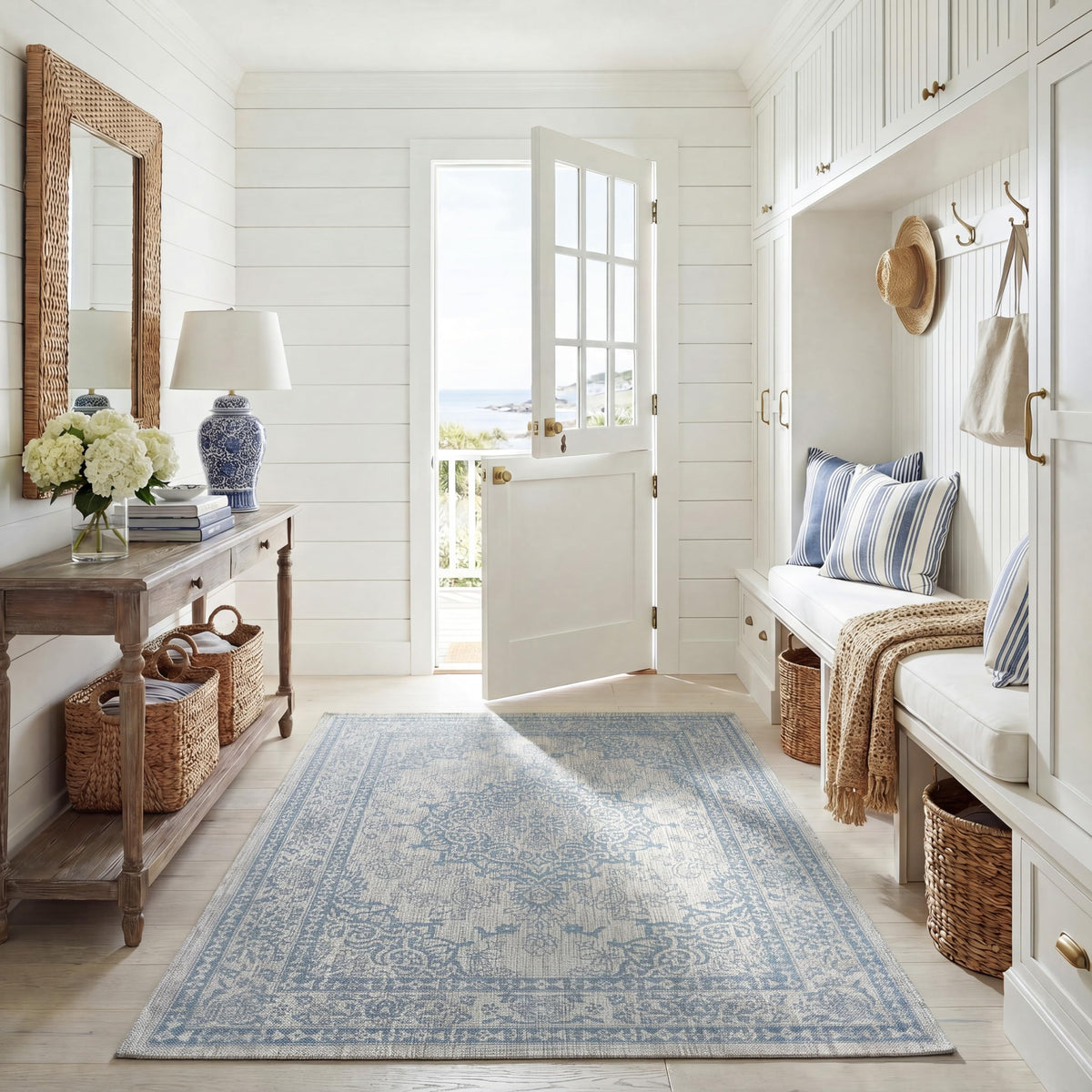 SAFAVIEH Washable Rug Outdoor Courtyard Collection - 6'7" Square, Grey & Navy, Non-Shedding & Easy Cleaning, Ideal for Patio, Backyard, Mudroom (CY8679-368)